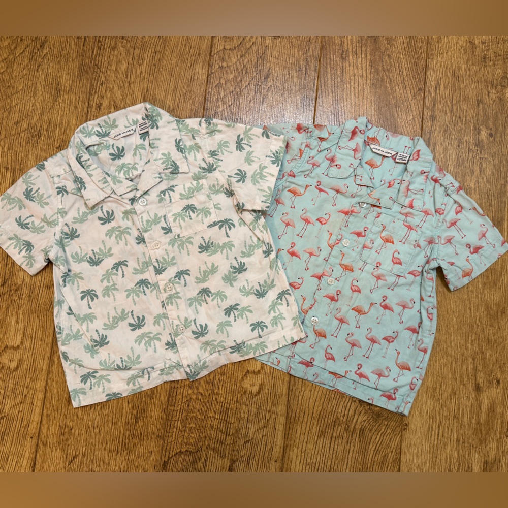 2 Janie & Jack Button Down Shirts Flamingos Palm Tree Boys Poplin Shirts 18-24